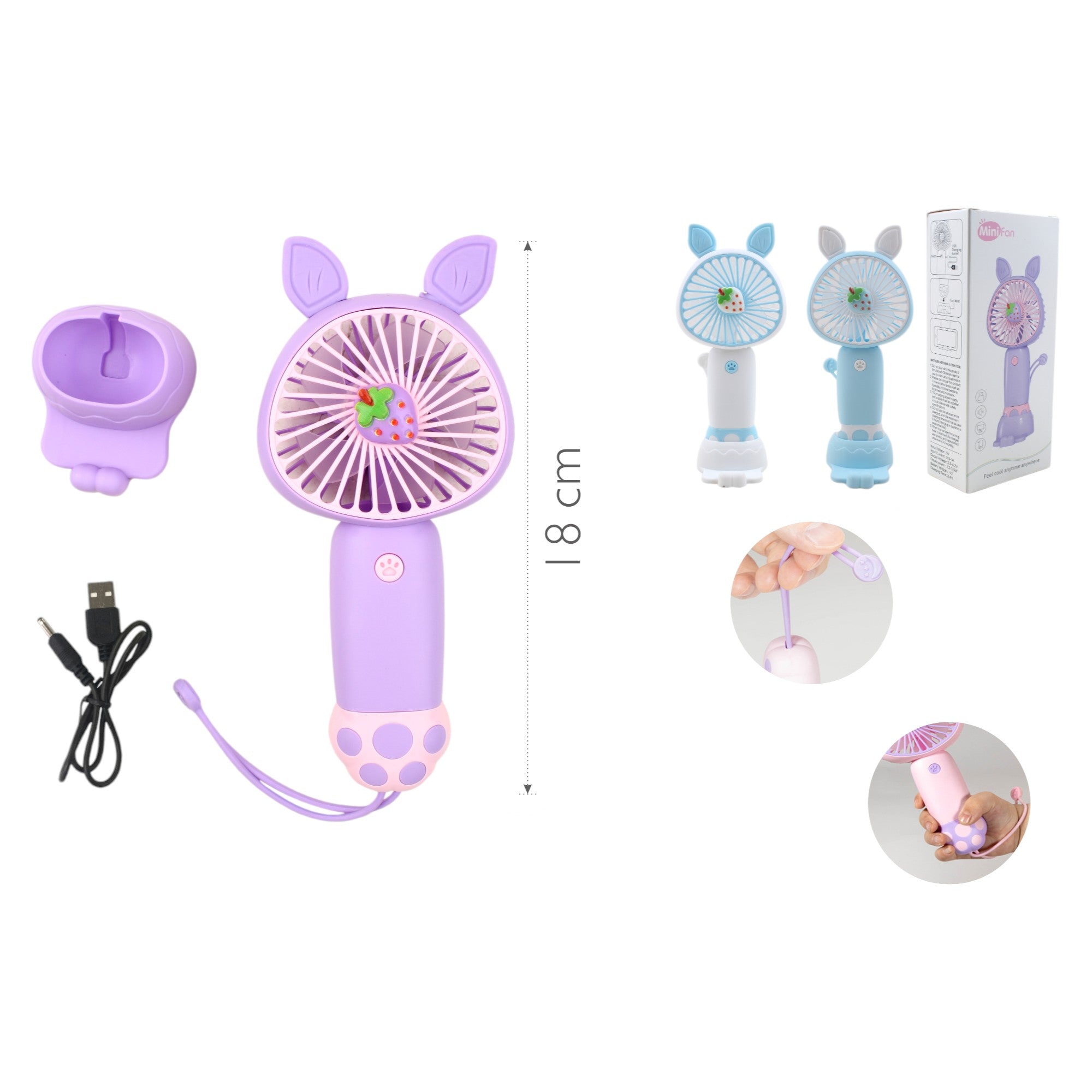 Mini Ventilador Recargable con Diseño de Fresa y Orejitas