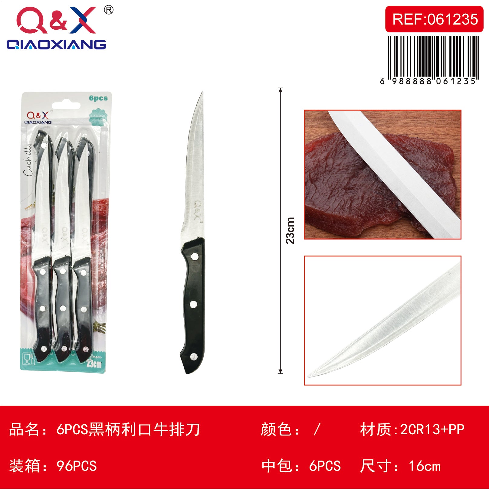6 PCS Cuchillo carne filo mango negro