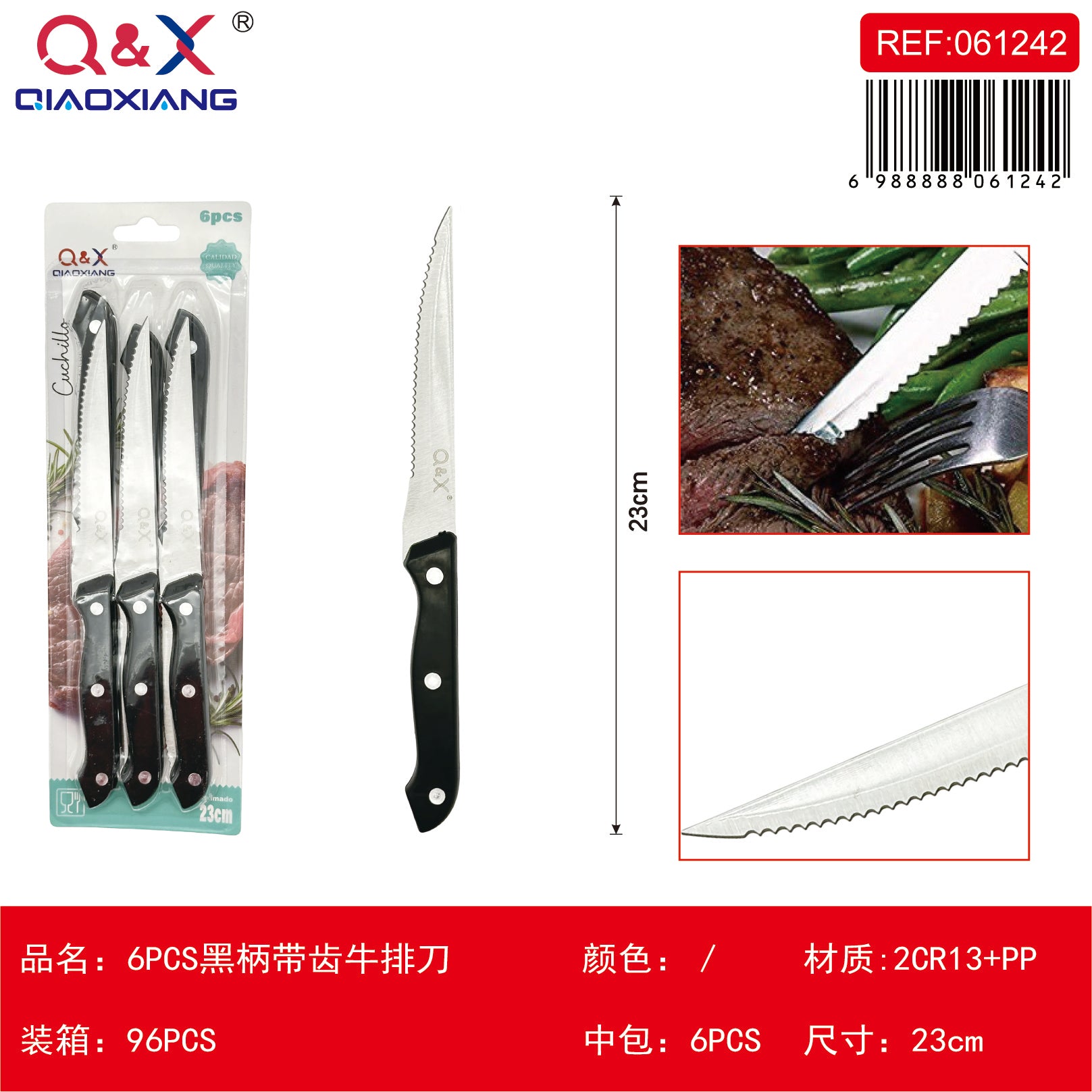 6 PCS Cuchillo carne dentado mango negro