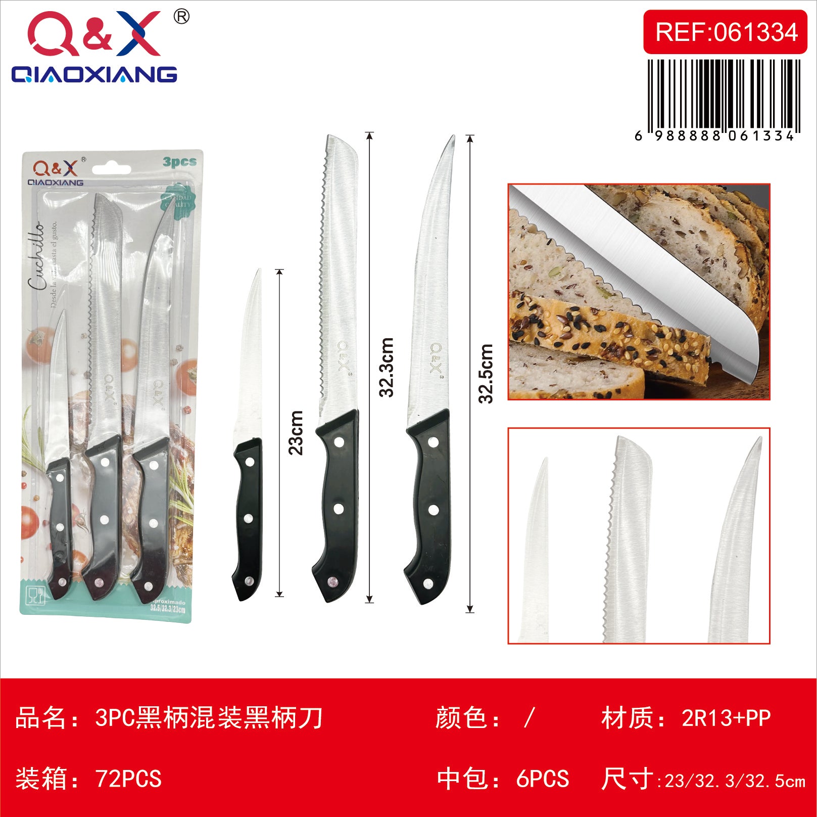 Cuchillo surtido mango negro 3 PCS