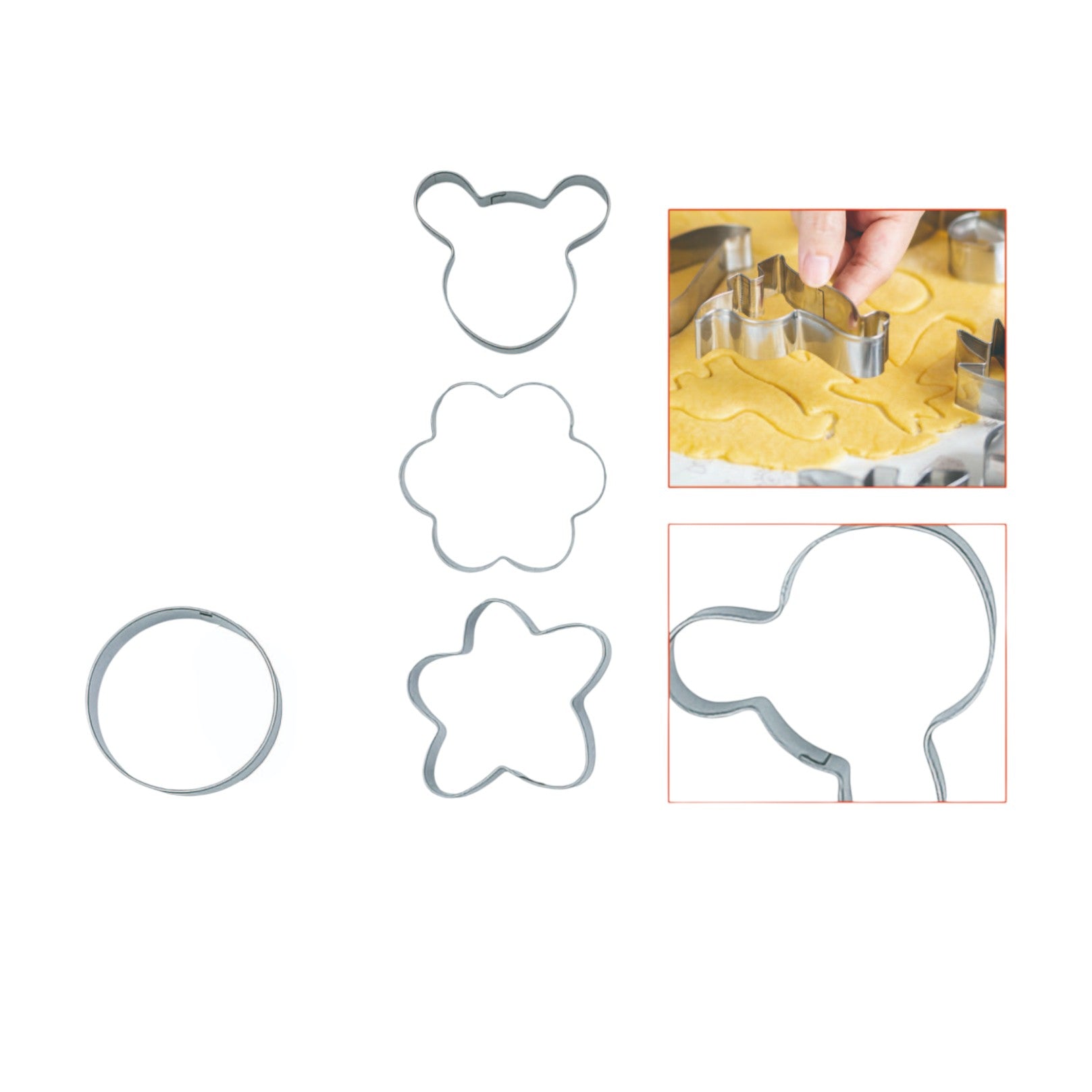 Set de 4 cortadores medianos para galletas Mickey Mouse 4.3*3.5CM/Circulo 4CM/Estrella 4CM/Flor 4.5CM