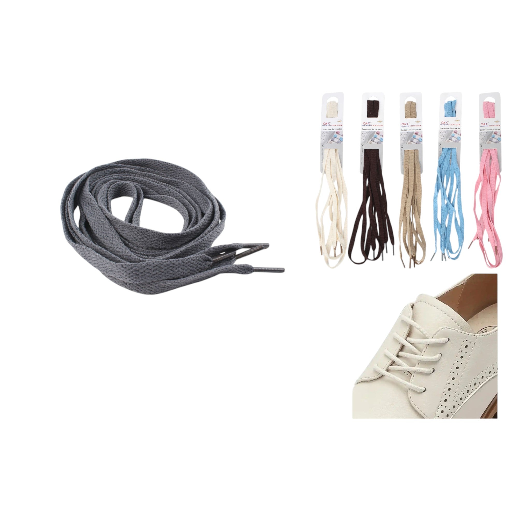 Pack x 12 Cordón zapato plano estriado liso 0.8CM x 120CM 6 colores surtidos