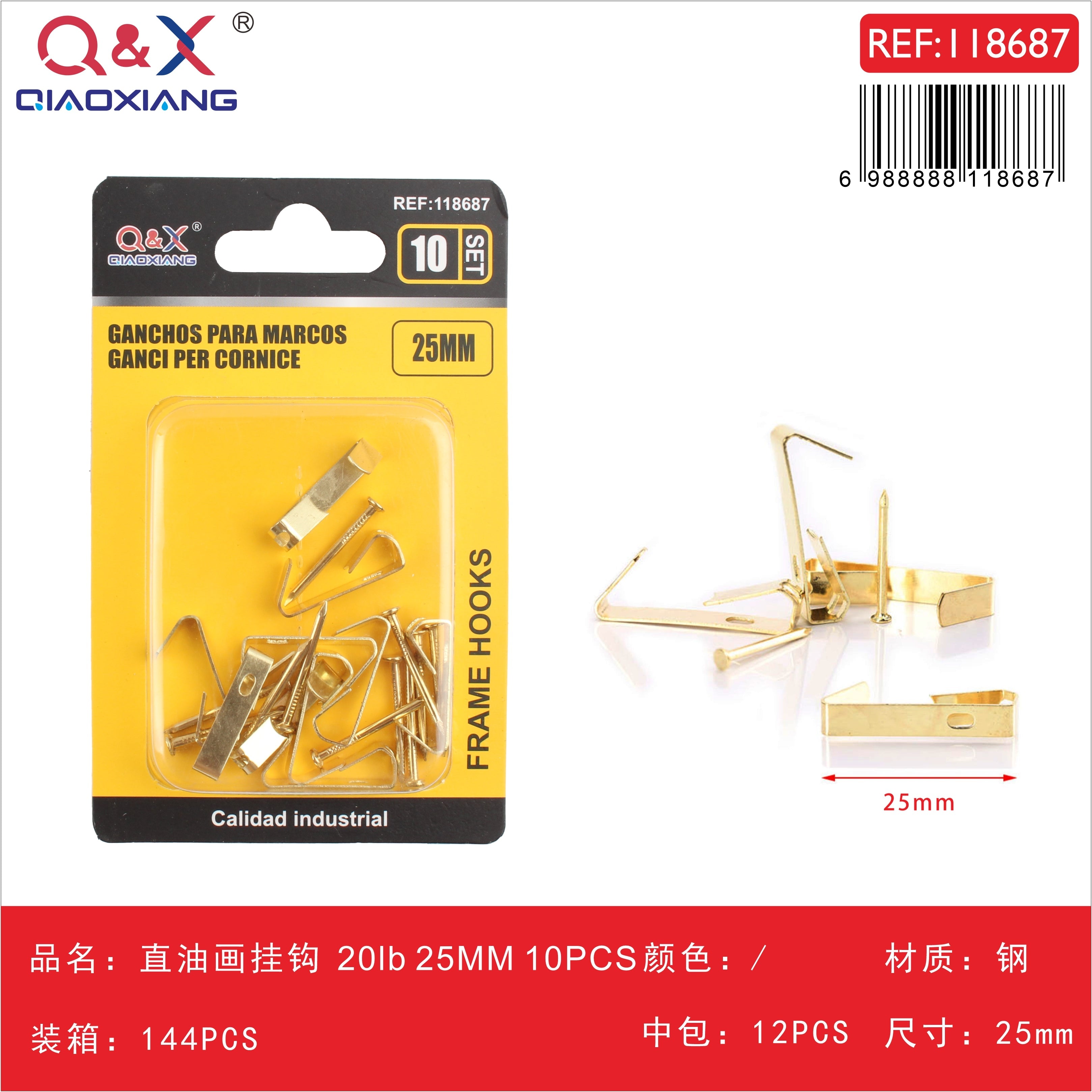 Gancho recto para cuadro óleo 20 lb 25 mm 10 pcs