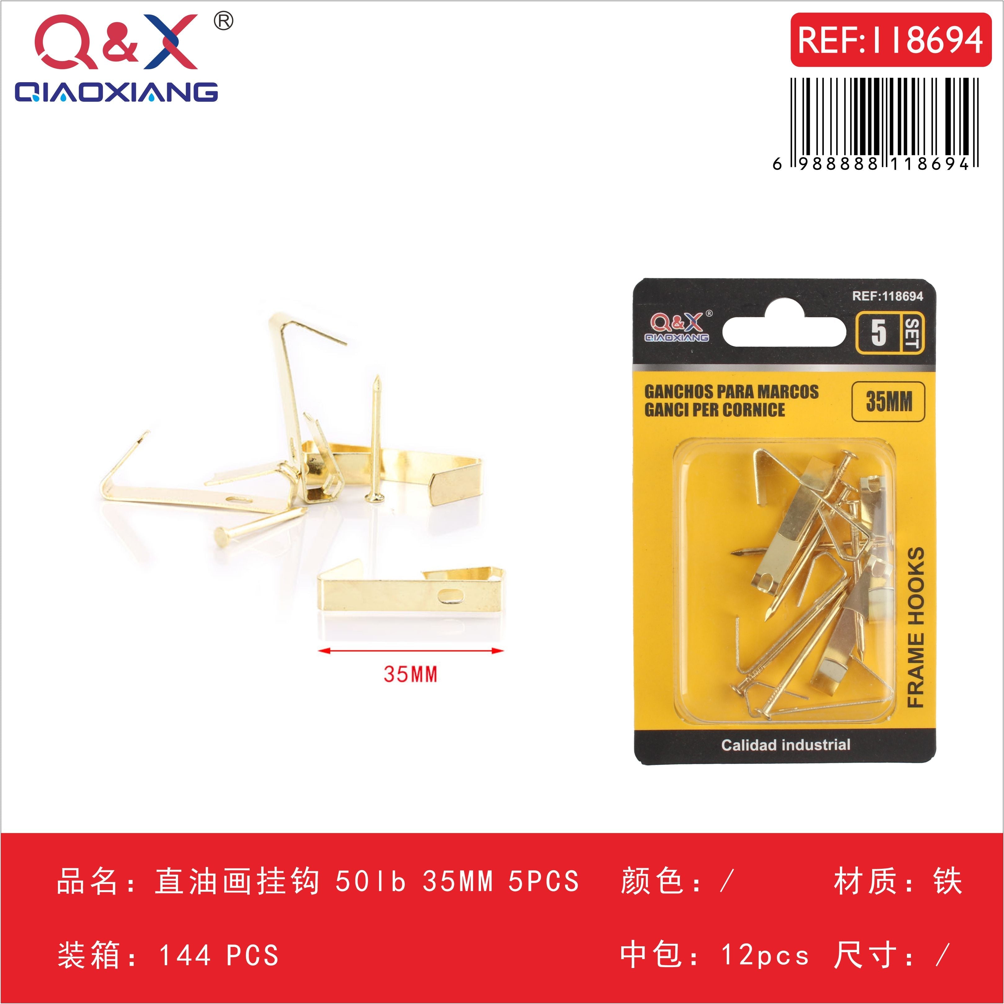 Gancho recto para cuadro óleo 50 lb 35 mm 5 pcs