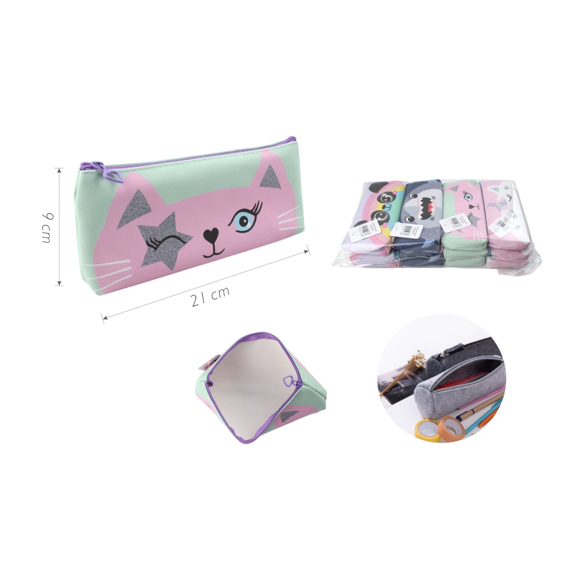 Estuche escolar plano con cabeza de animal