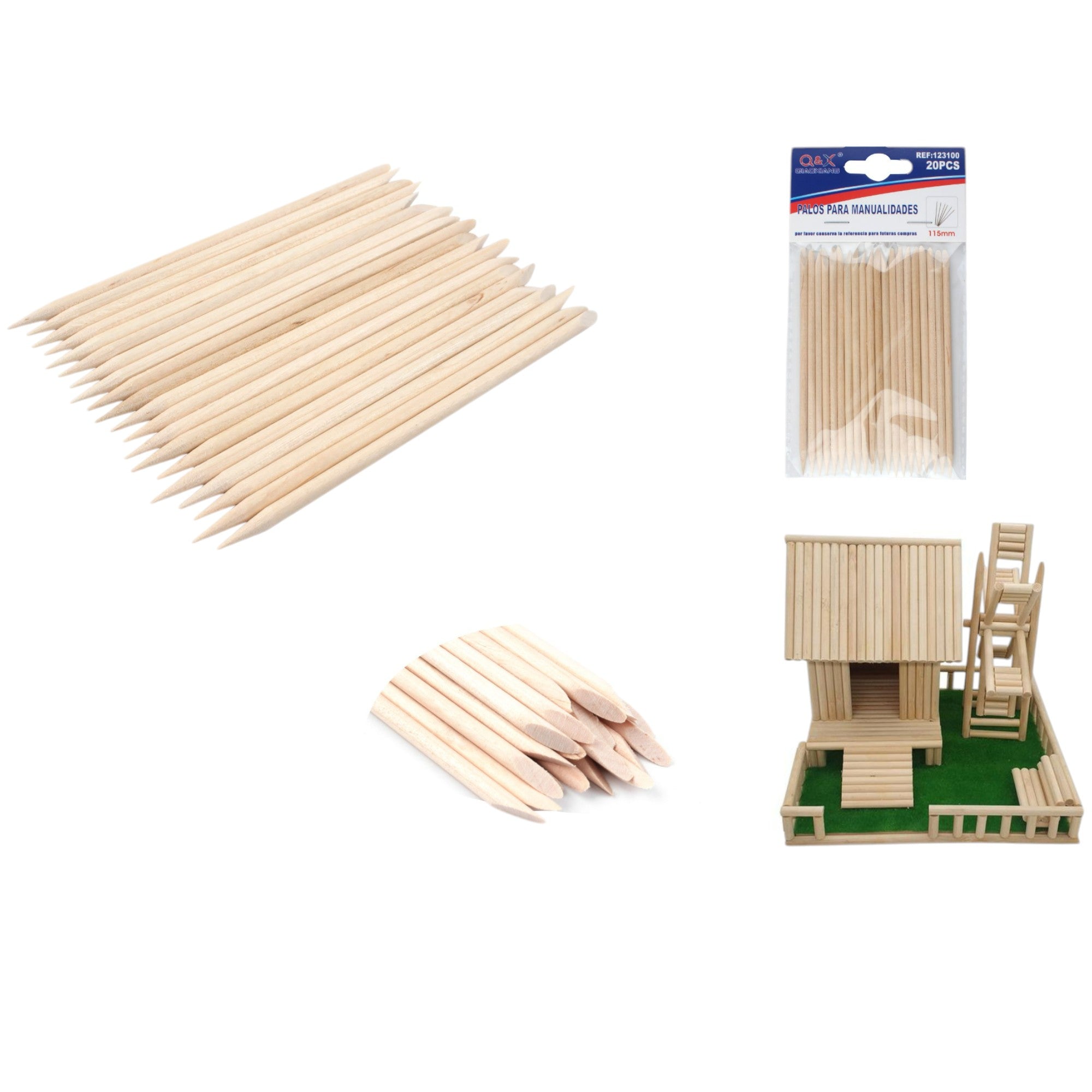 Palitos de madera surtidos punta recta y diagonal 115 mm pack 20 unidades