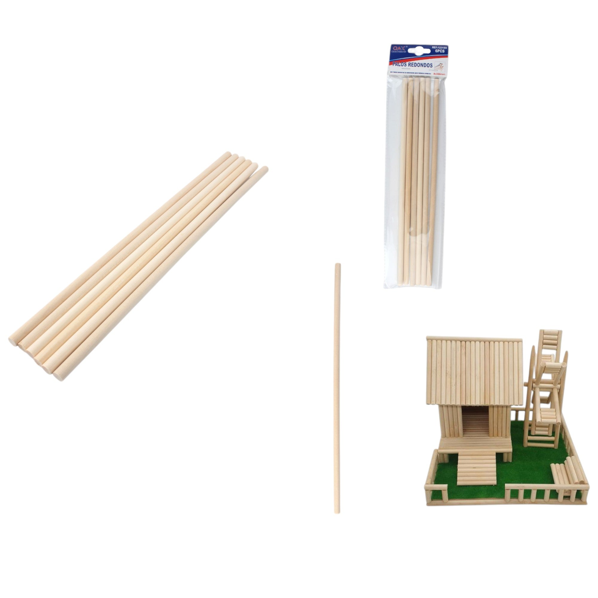 Palitos de madera redondos 8 mm x 30 cm pack 6