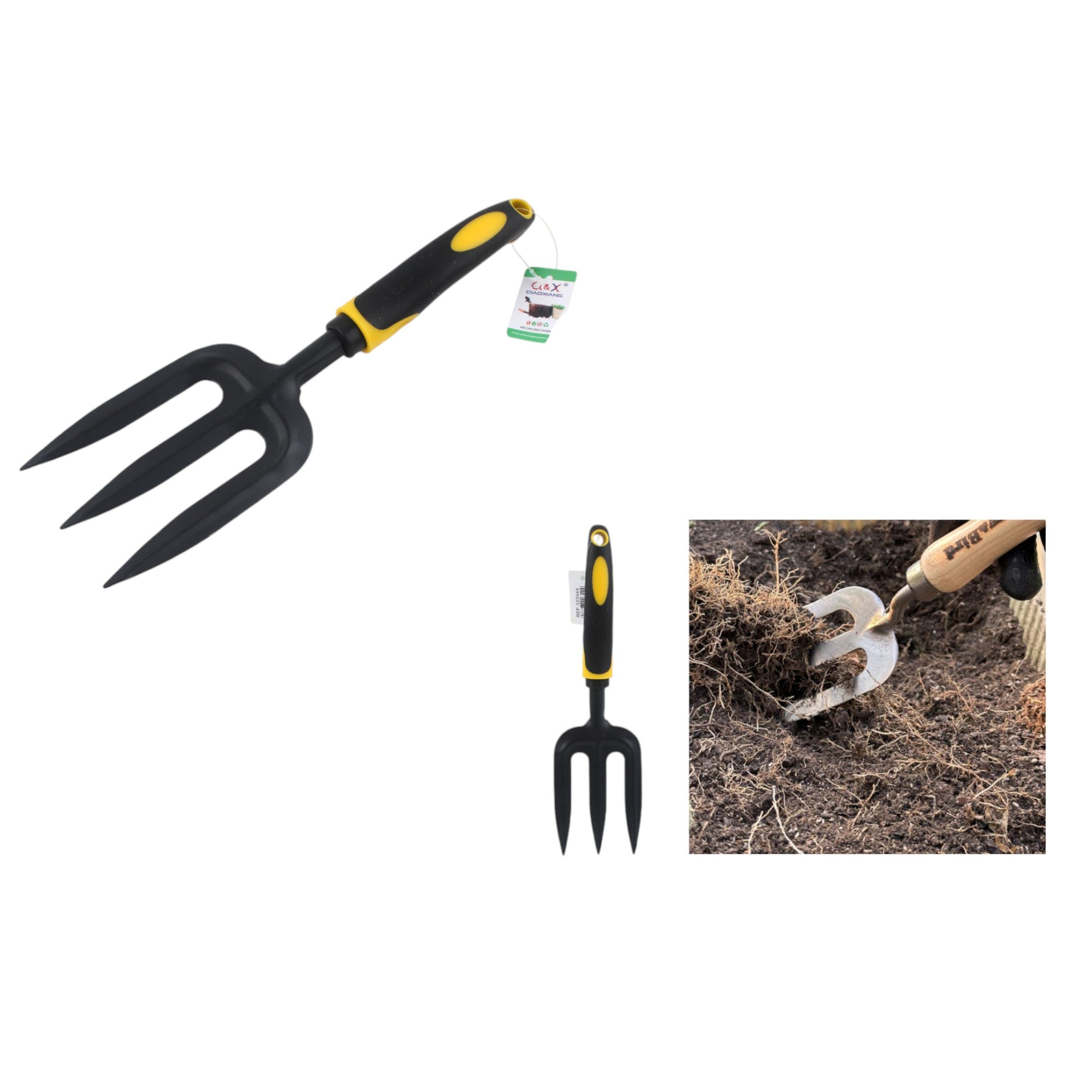Horquilla pala de tres puntas XL-2085G mango amarillo/negro 30,3 × 8,2 cm