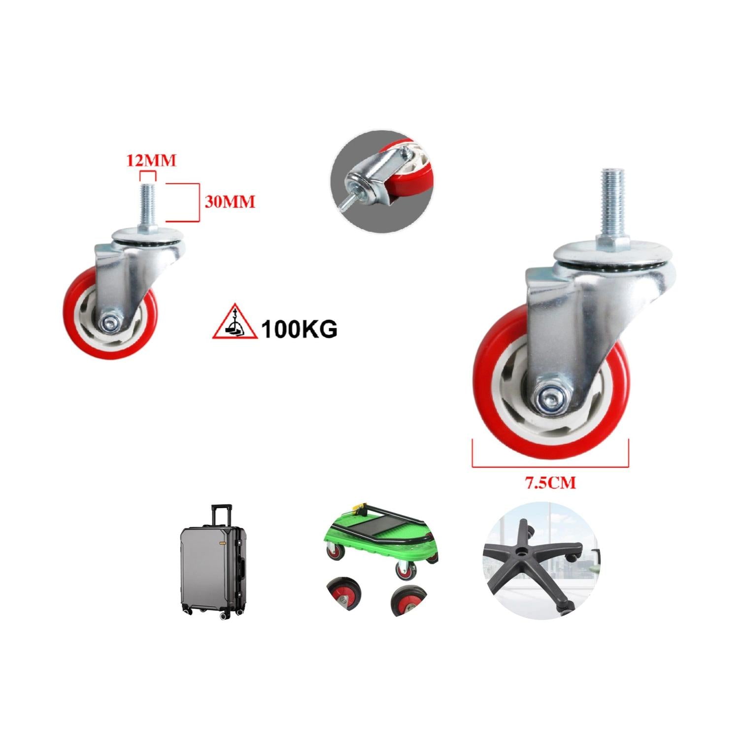 Rueda roja giratoria de eje doble mediana 3 pulgadas con varilla