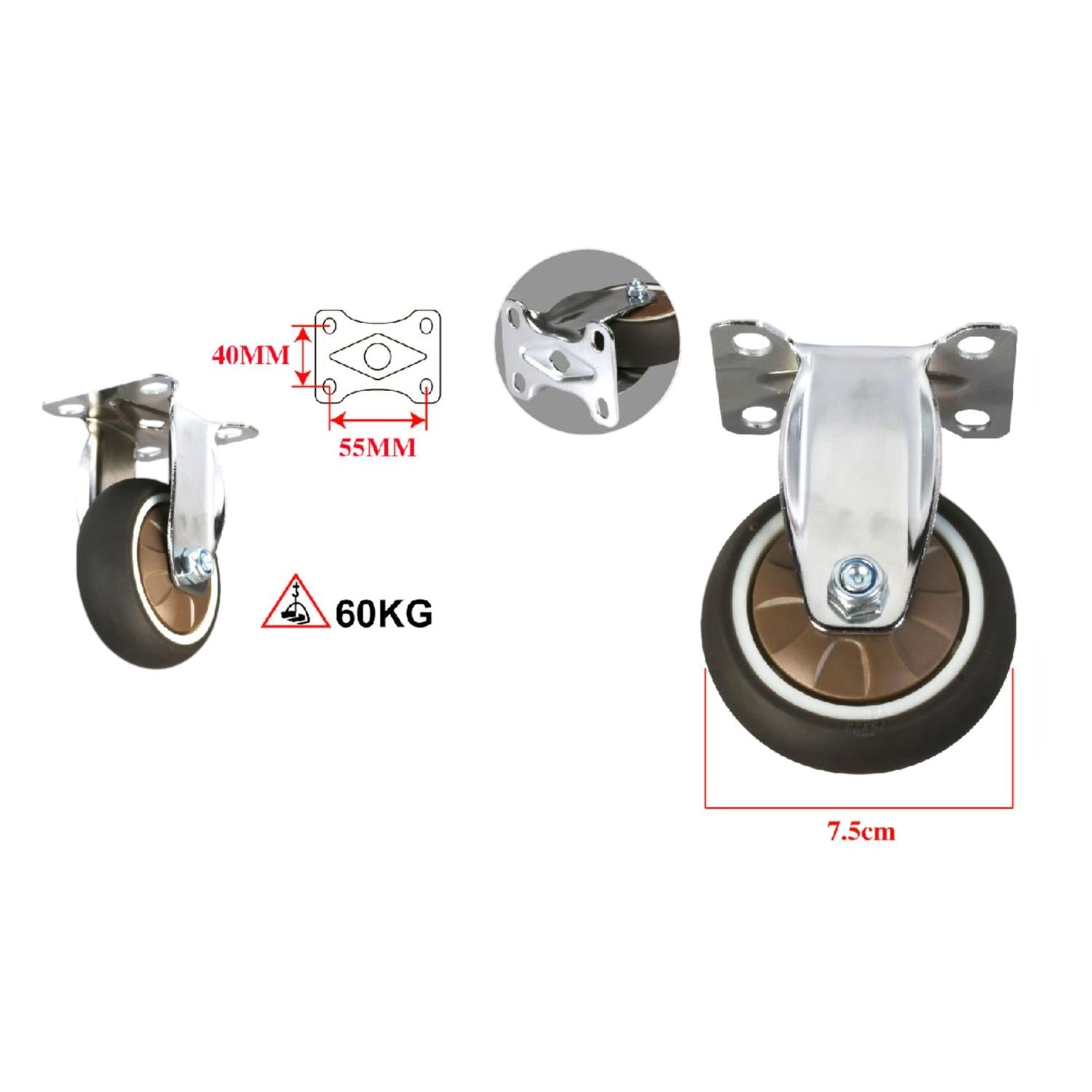 Rueda fija TPR marrón liviana de 3 con base plana 7.5CM