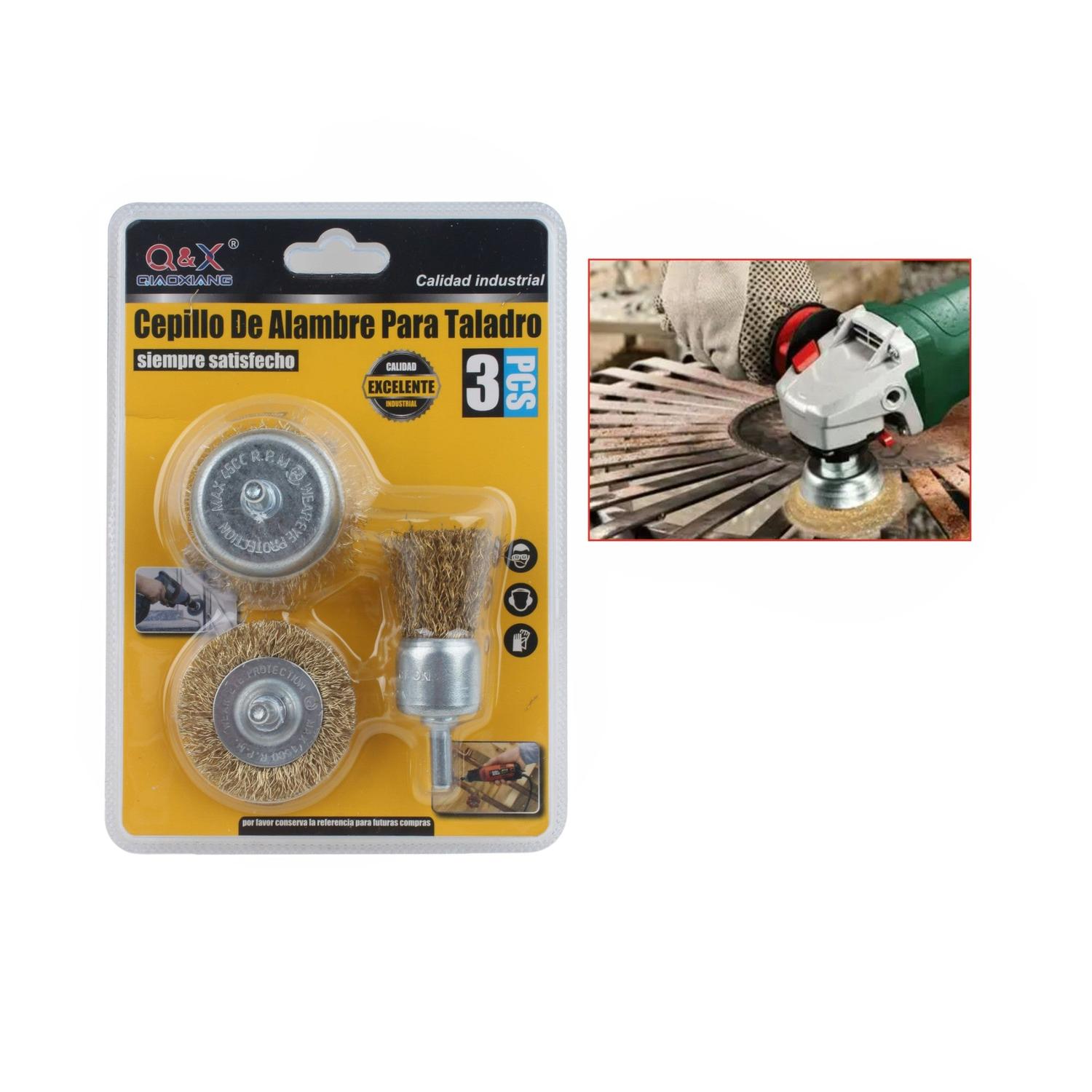 Cepillo de alambre de acero con escuadra + cabezal de esmeril 3 piezas