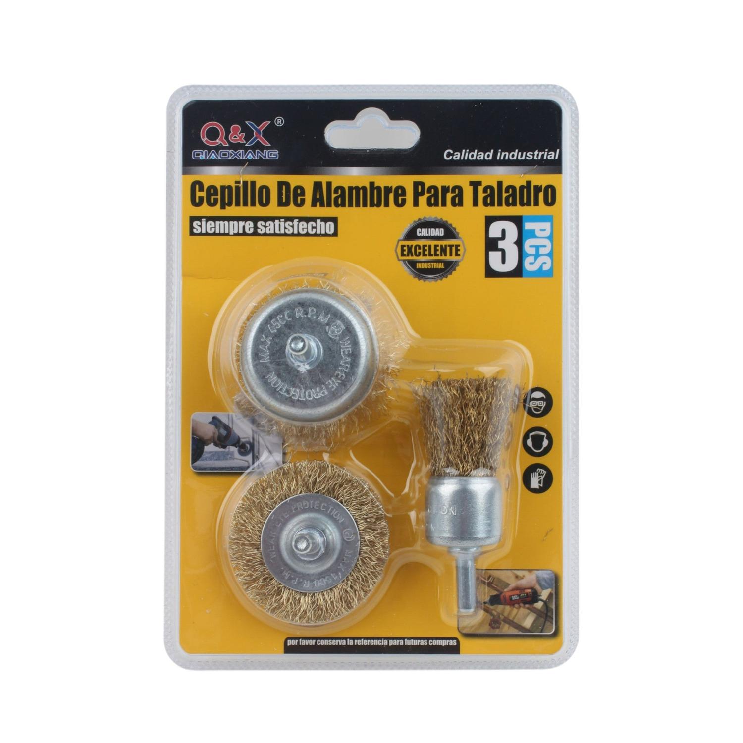 Cepillo de alambre de acero con escuadra + cabezal de esmeril 3 piezas