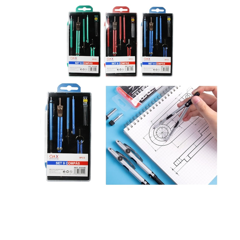 Set de Compás Profesional 9 Piezas - Colores Variados