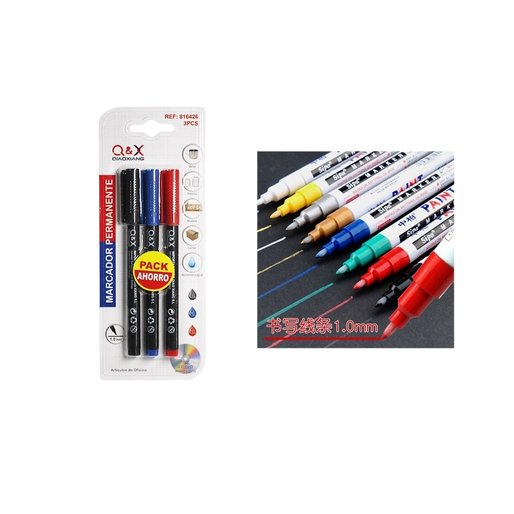 Pack de 3 Marcadores Permanentes Q&X 1.0mm Rojo, Azul y Negro