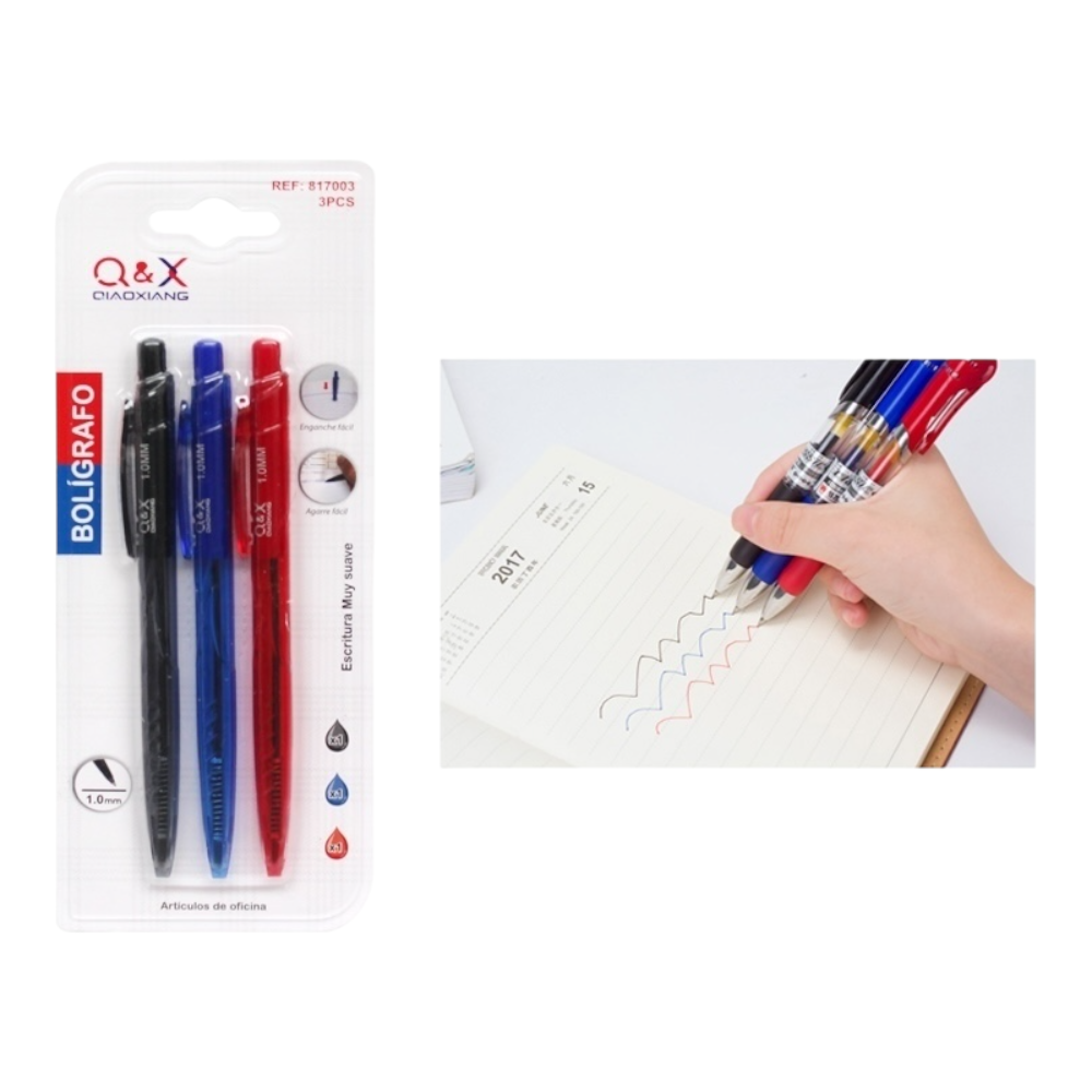Bolígrafos retráctiles 1.0 mm colores pack 3