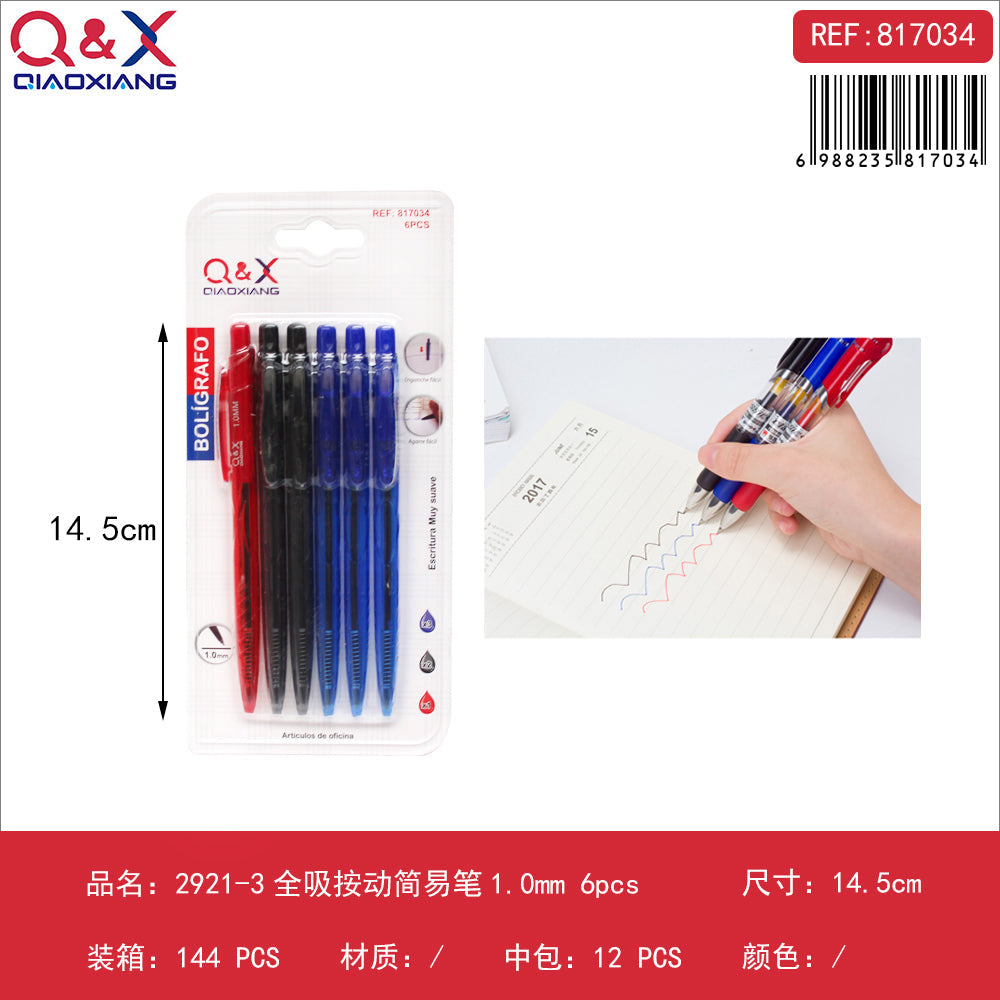 Bolígrafos retráctiles 1.0 mm colores pack 6