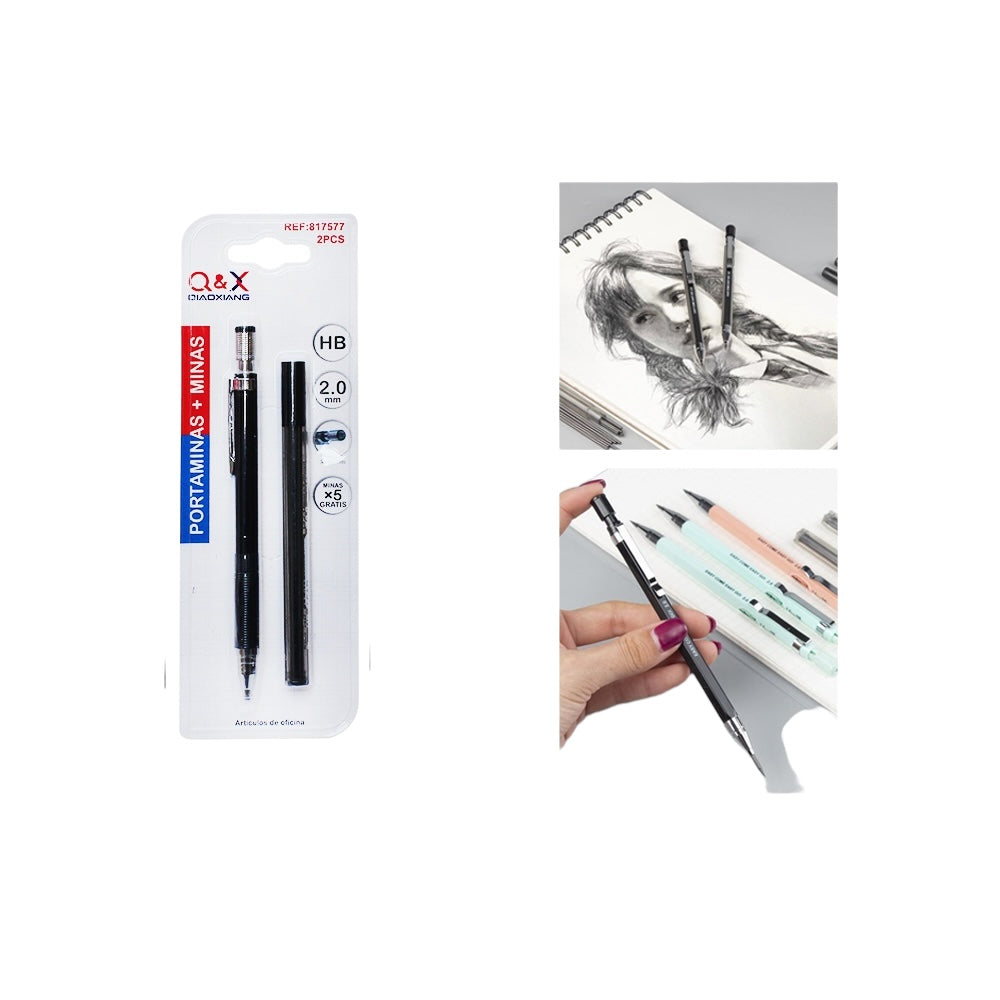 Portaminas Q&X + Minas HB 2.0 mm – Pack x2