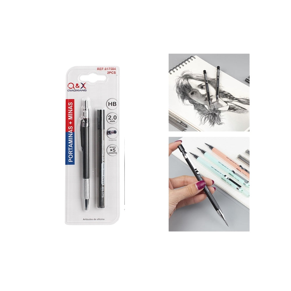 Portaminas Q&X + Minas HB 2.0 mm – Pack x2 (Modelo metálico)