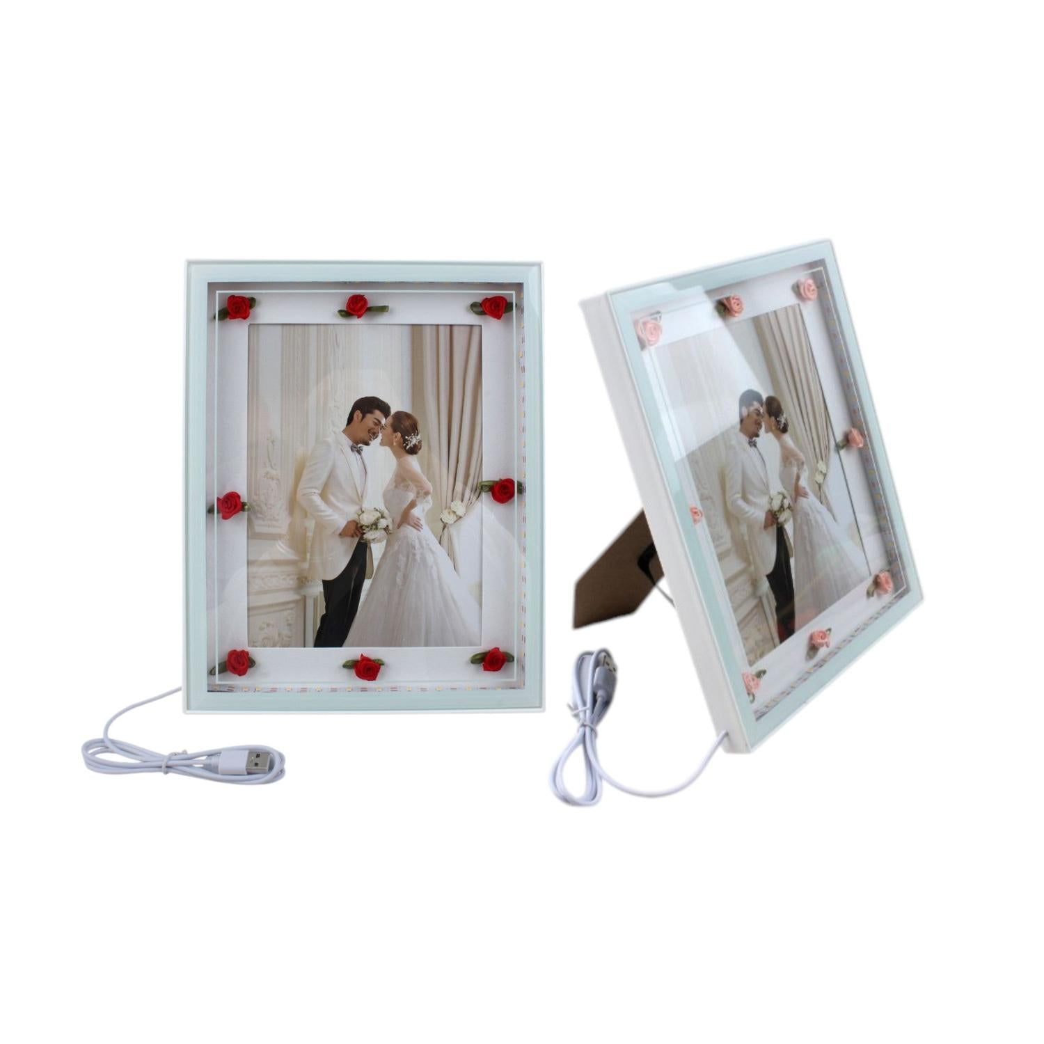 Marco de fotos iluminado con borde blanco y luz LED cálida, 26 × 31 cm