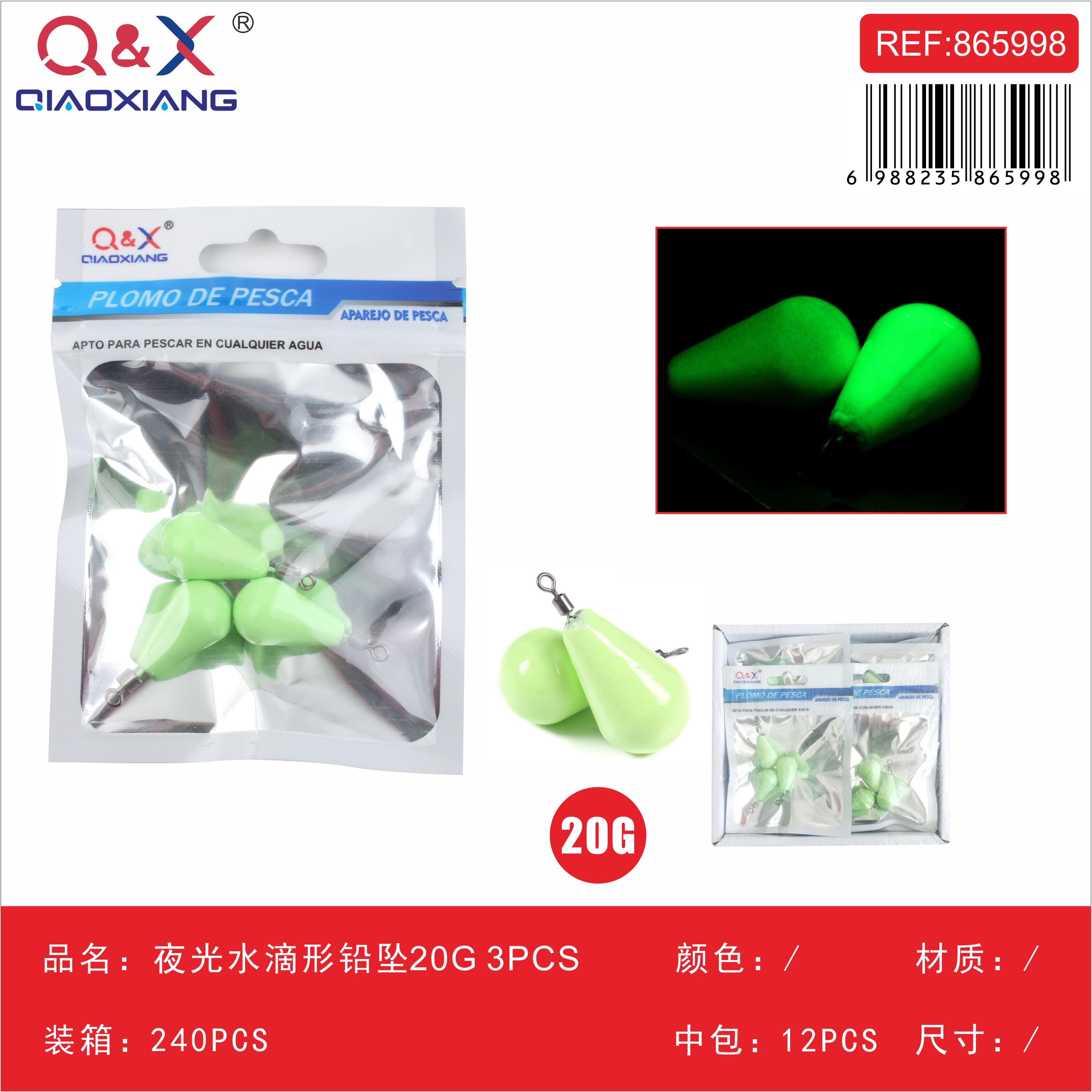 Plomo fluorescente en forma de gota 20 g, 3 piezas