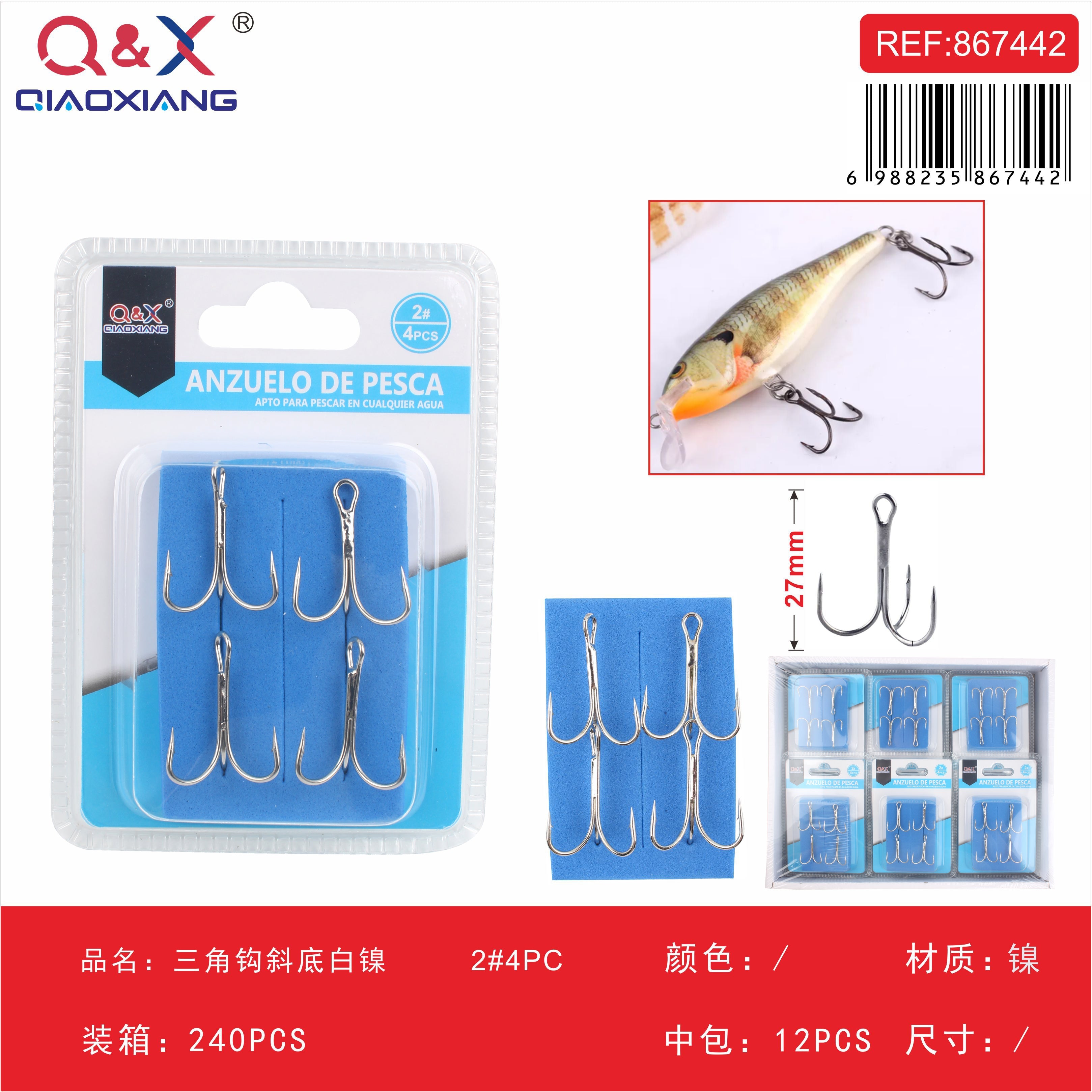 anzuelo triple base inclinada níquel blanco Nº 2 4 piezas