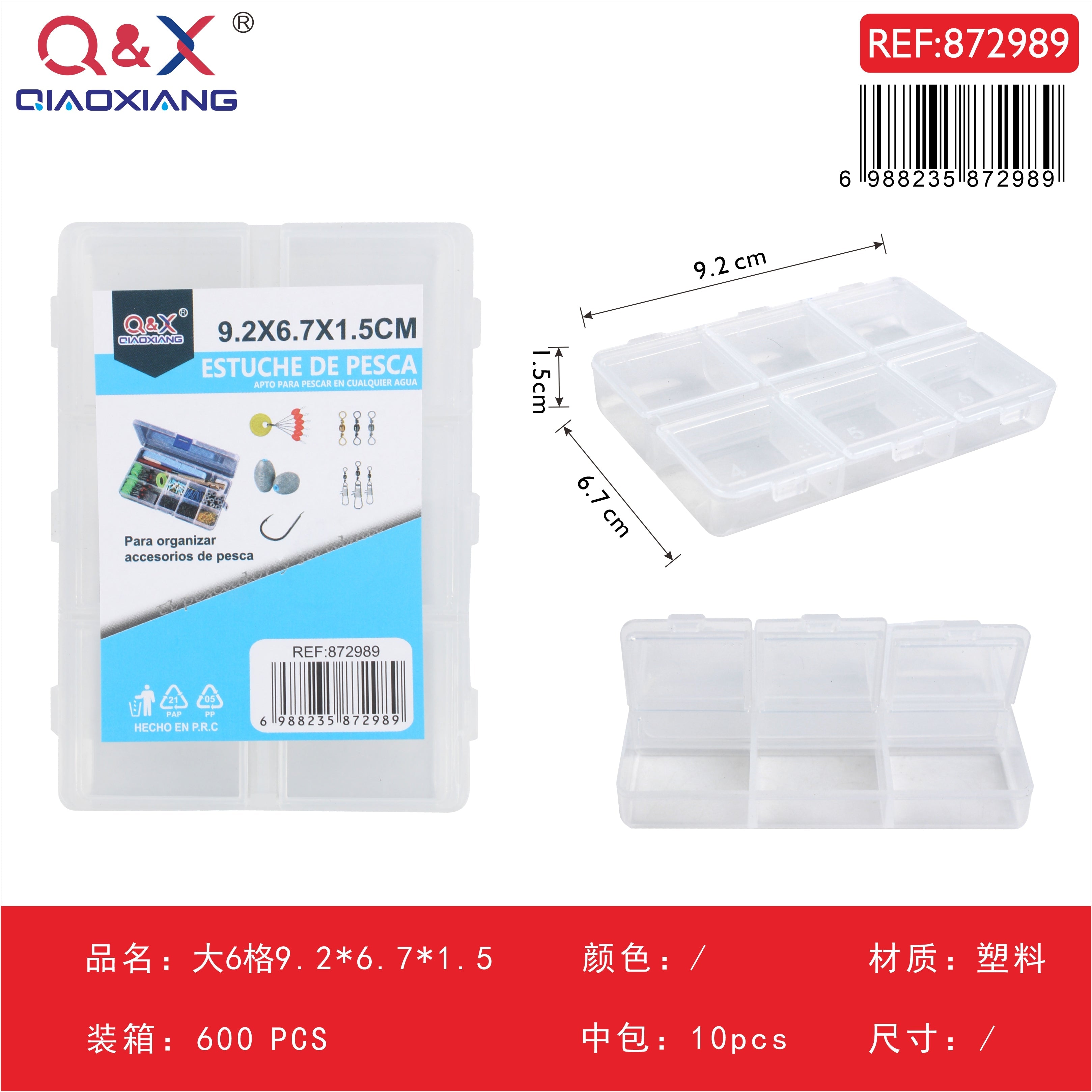 Caja plástica grande de 6 compartimentos 9,2×6,7×1,5 cm