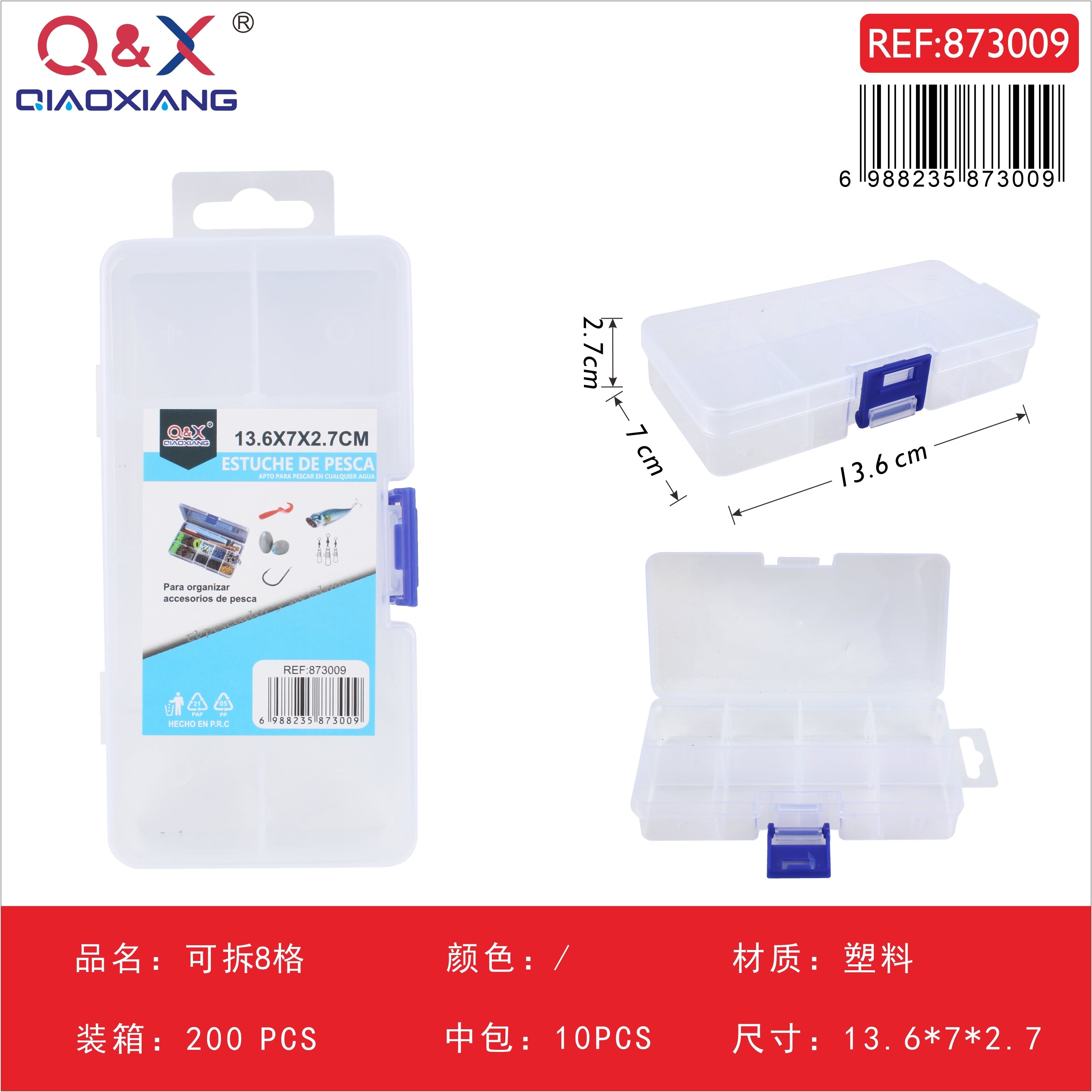 Caja plástica desmontable de 8 compartimentos 13,6×7×2,7 cm