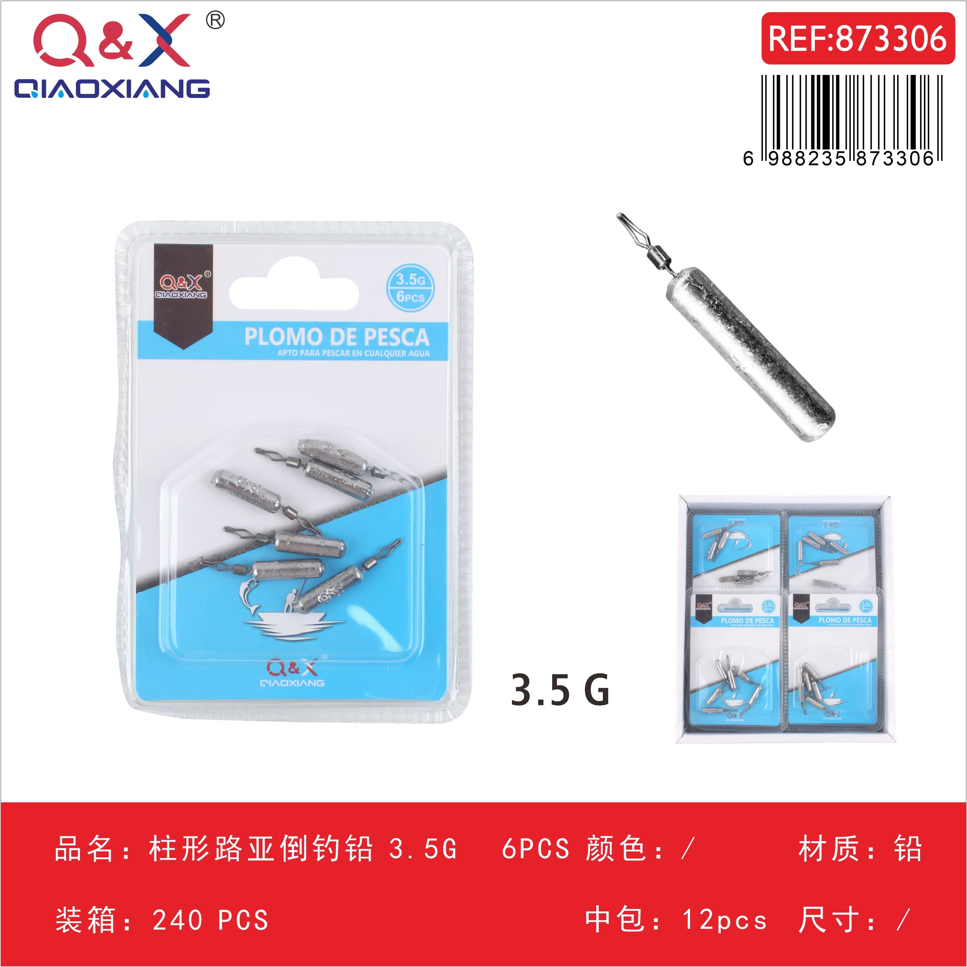 Plomo para pesca invertida cilíndrico acrílico 3,5 g, 6 piezas