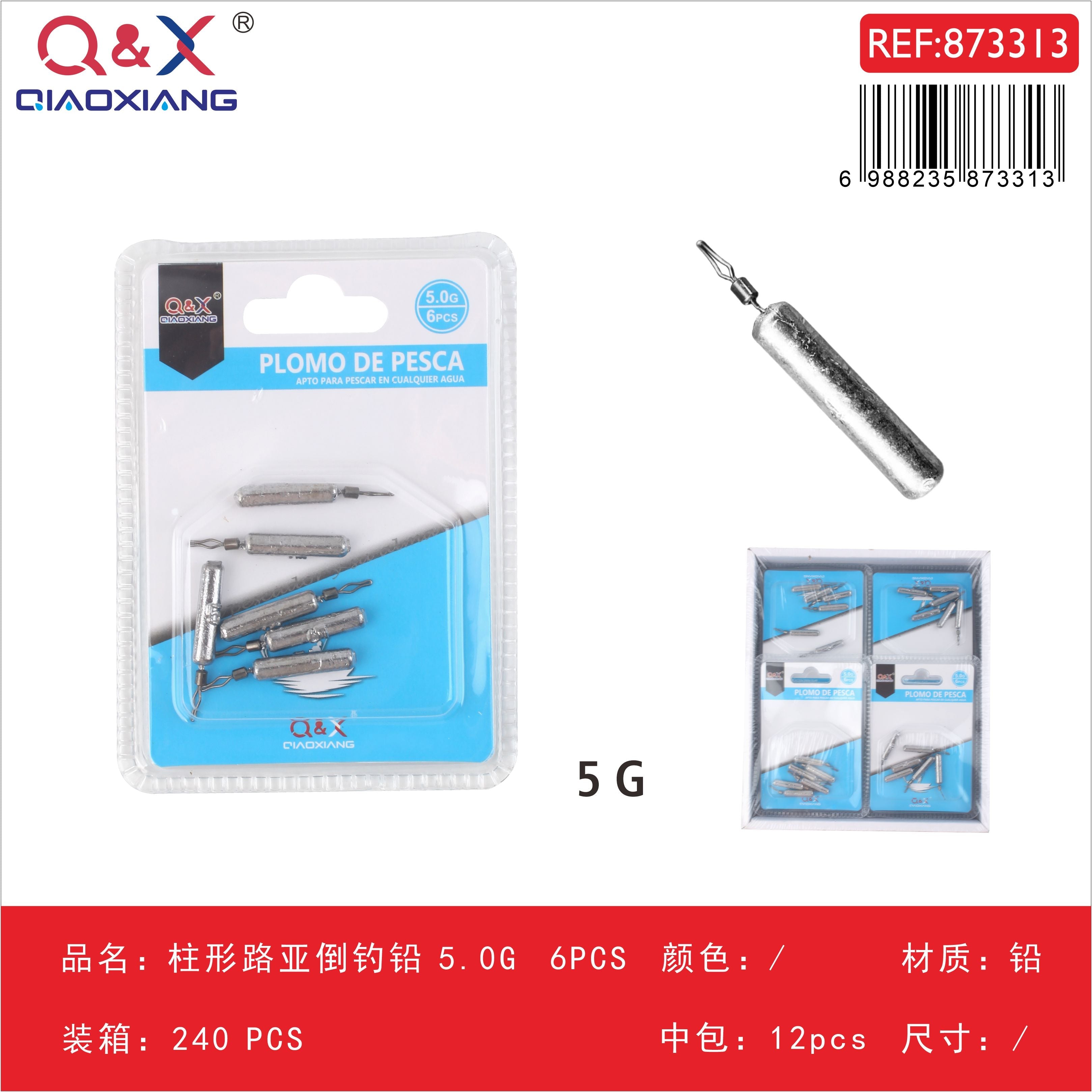 Plomo para pesca invertida cilíndrico acrílico 5 g, 6 piezas