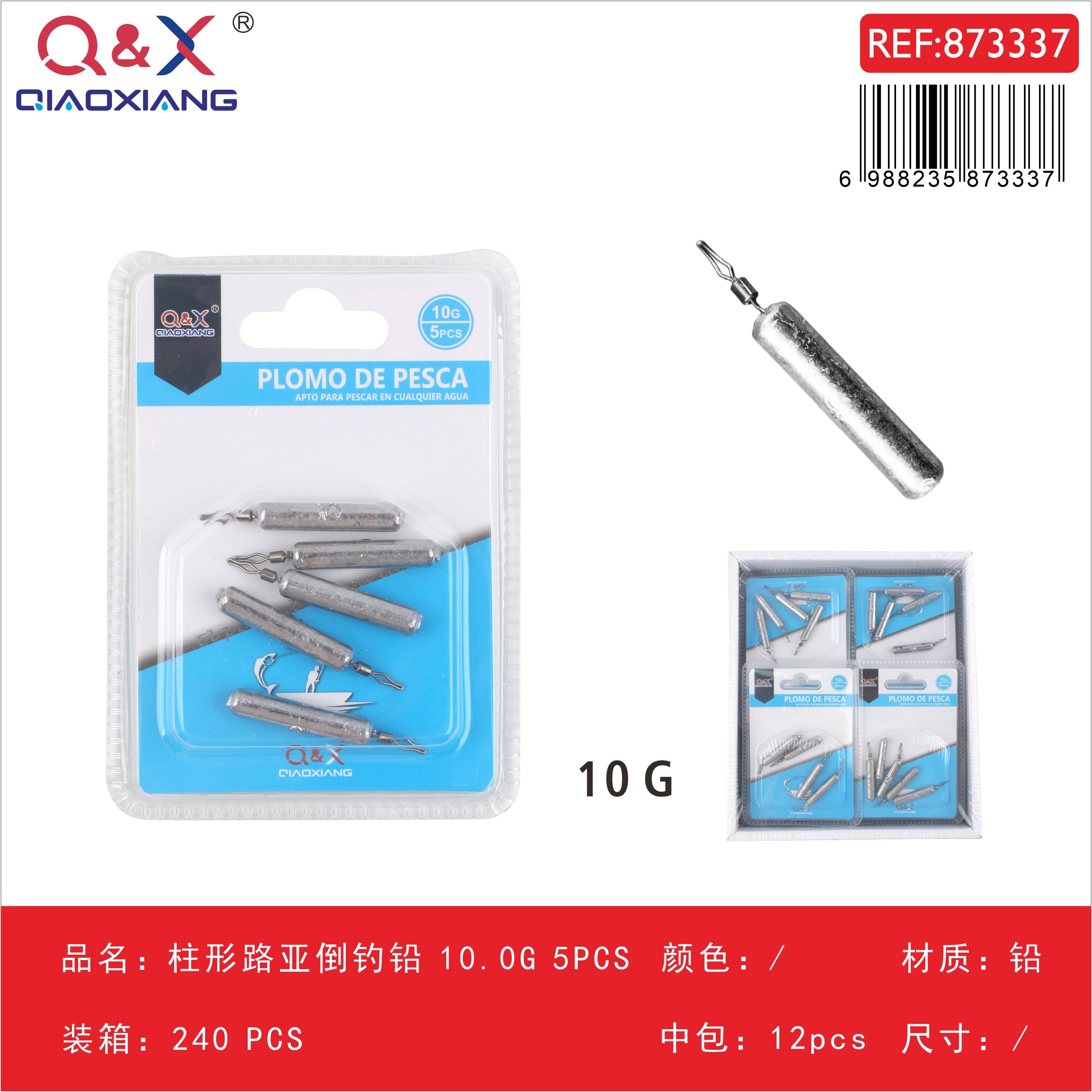 Plomo para pesca invertida cilíndrico acrílico 10 g, 5 piezas