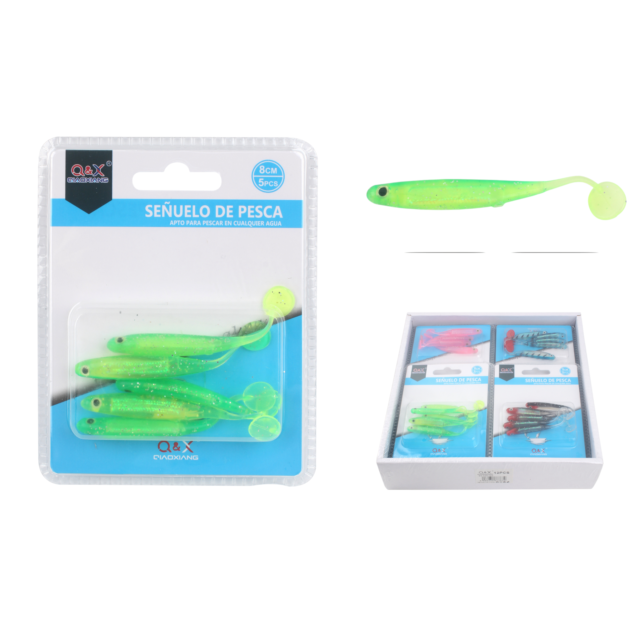 Señuelos blandos gusano cola T arcoíris 8 cm (5 pzs)