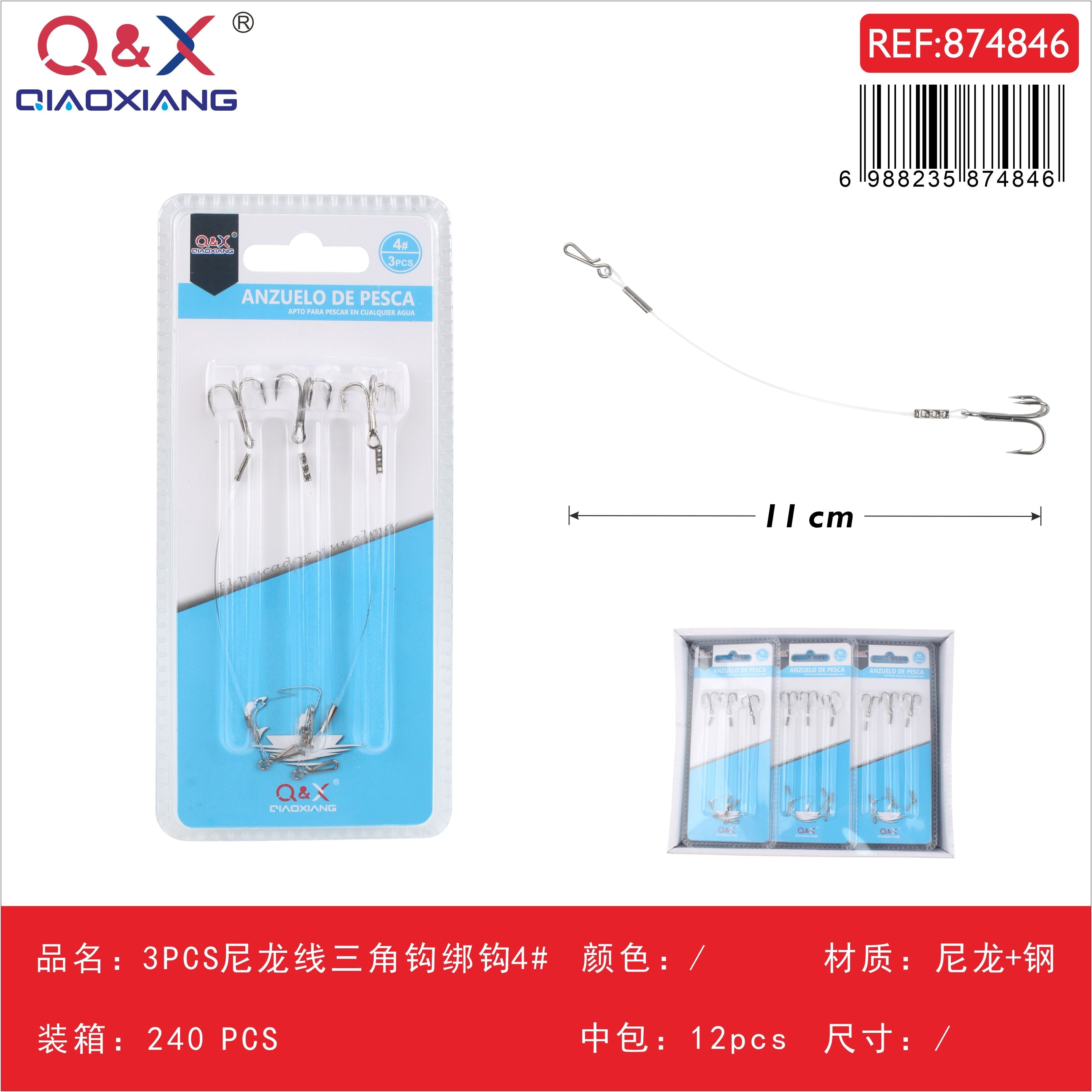 3 piezas anzuelo triple armado con línea de nailon Nº 4