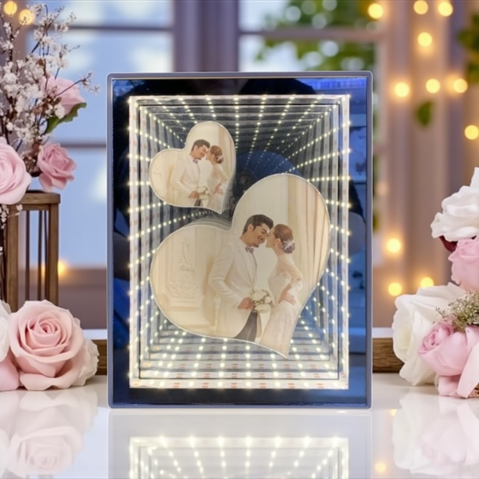 Marco de fotos espejo mágico 3D vertical 15×20 cm con luz monocromática conexión USB