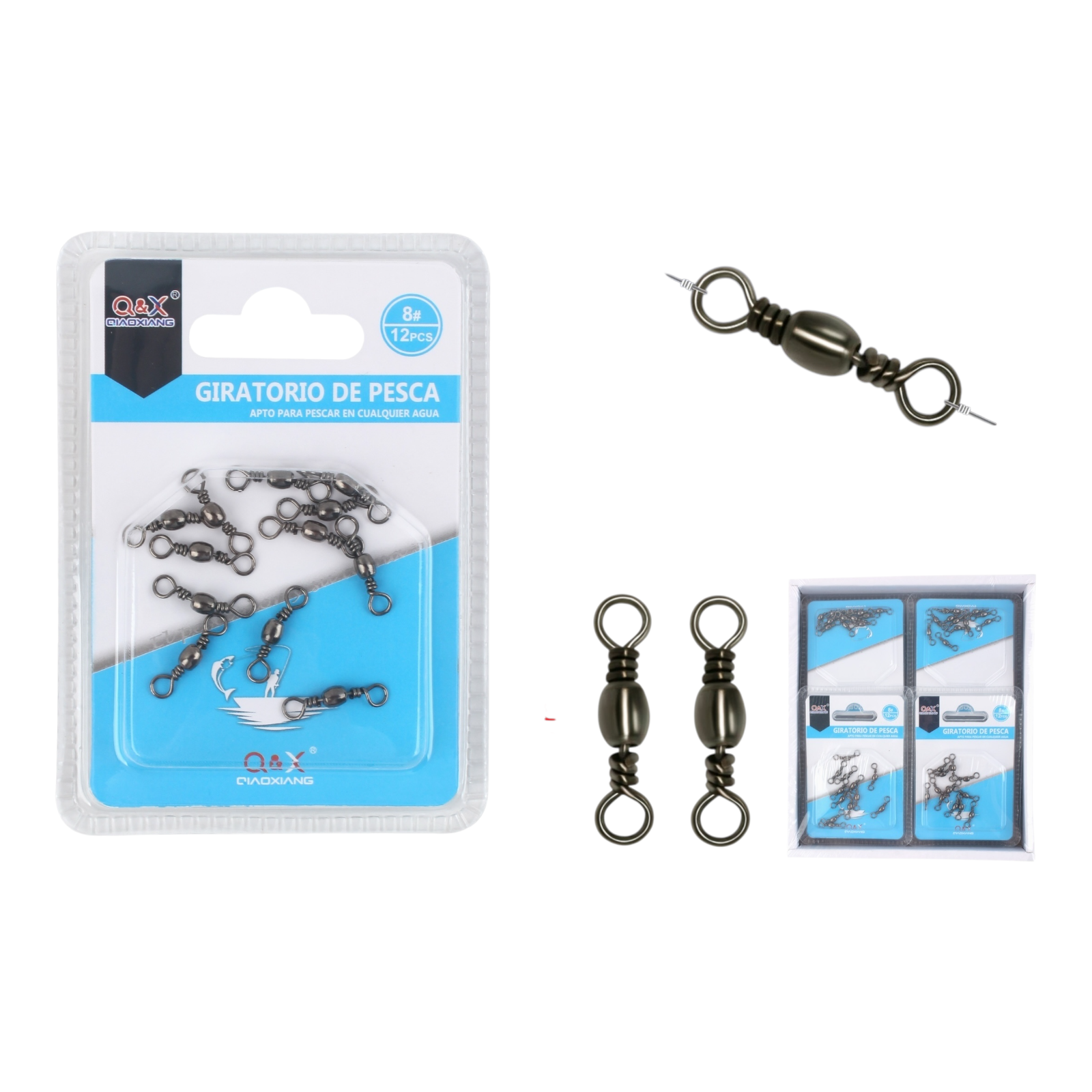 Set 12PCS Giratorio Negro 8 | Accesorio confiable para pesca de agua dulce.