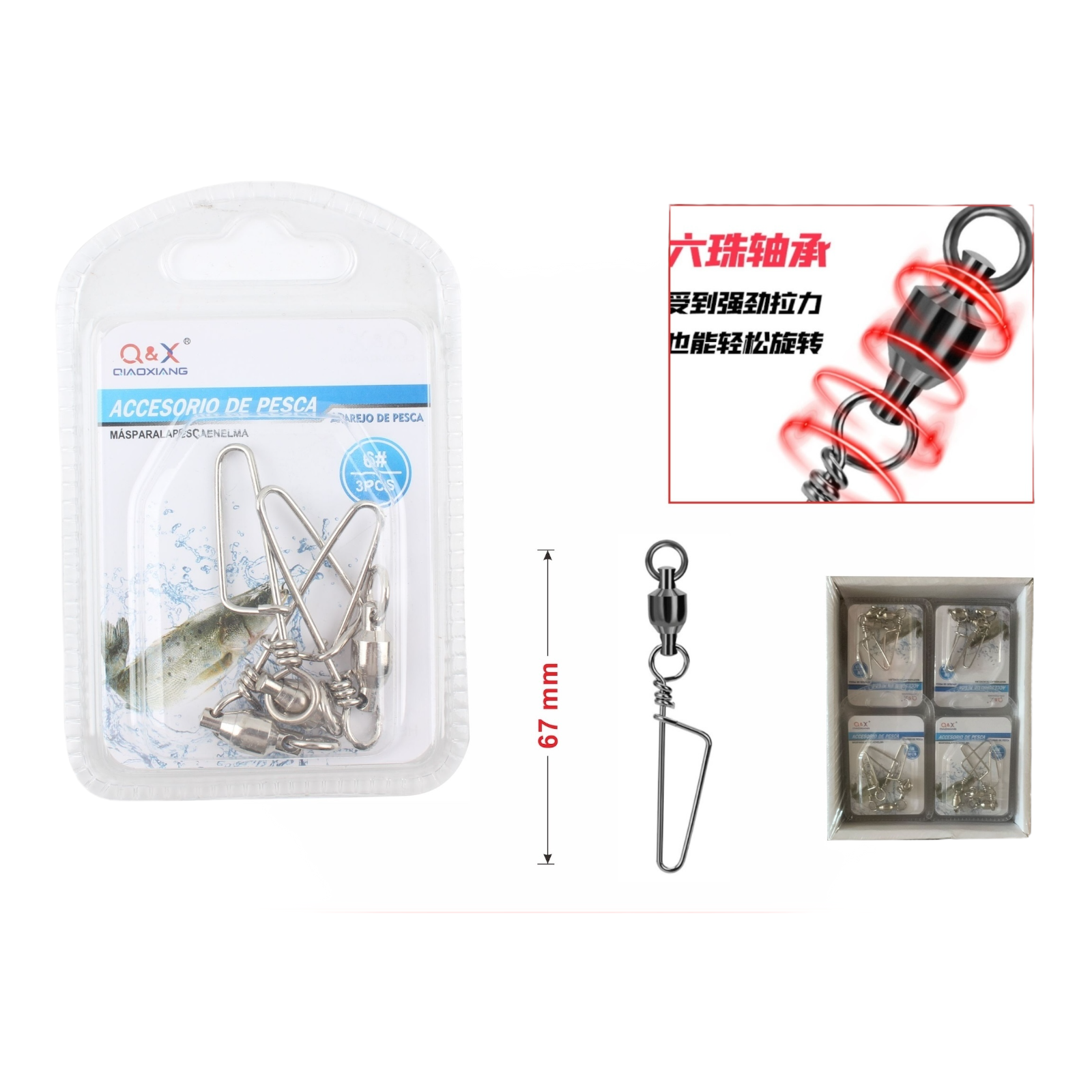 Giratorio con Rodamiento y Broche Tipo Zorro 6 3PCS | Rotación eficiente para pesca deportiva.