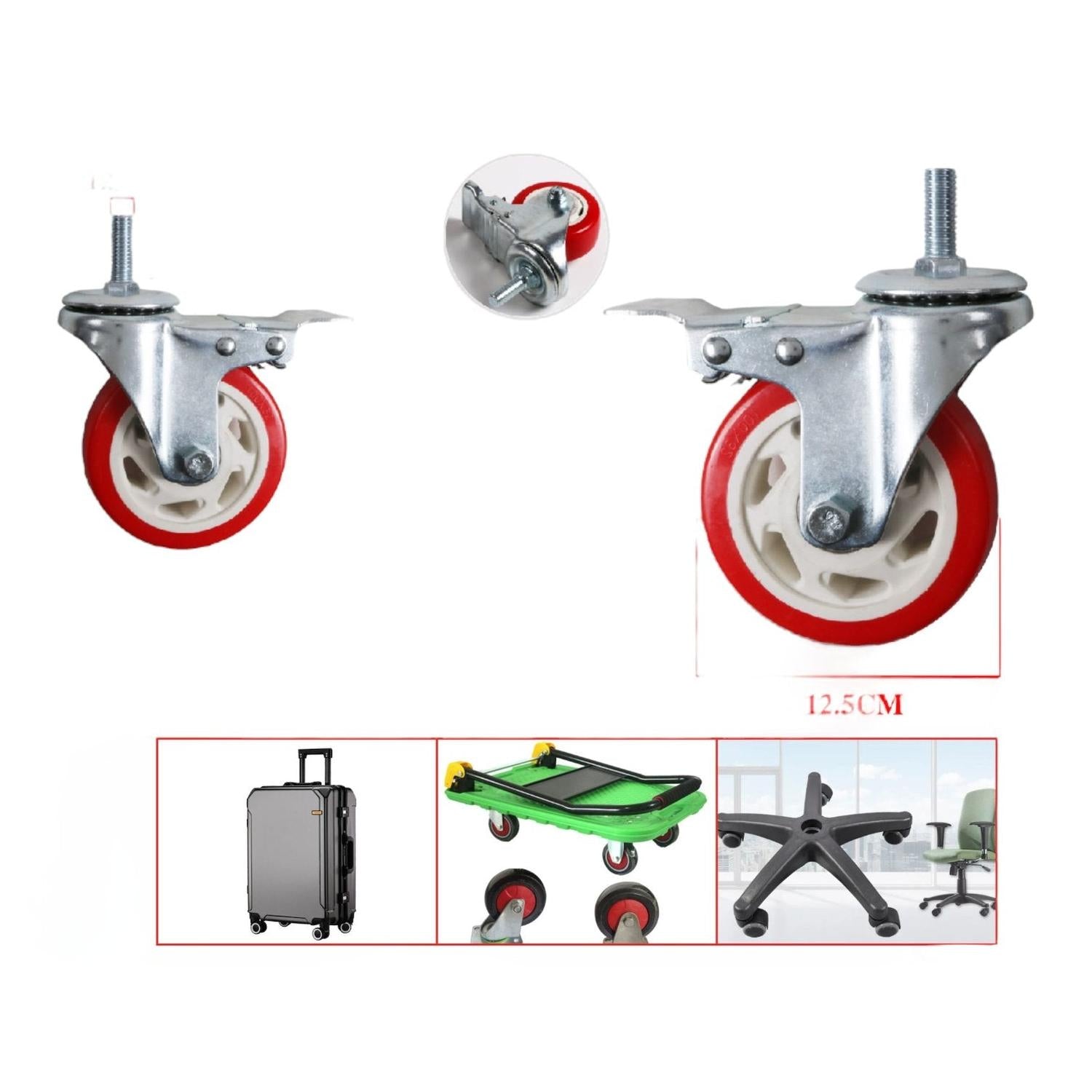 Rueda Universal Roja De Doble Eje De Tama?o Mediano De 5 Pulgadas Con Varilla Y Freno