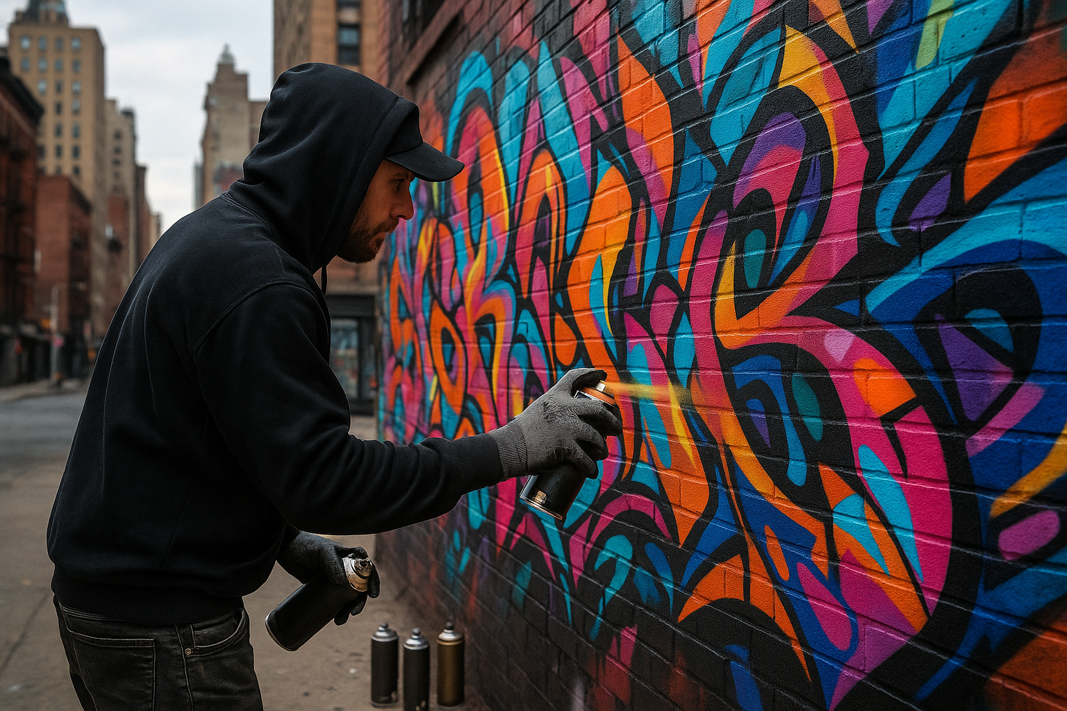 Pintura profesional de pintura en aerosol en un lugar de la ciudad